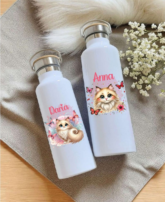 Personalisierte Kinder Trinkflasche mit Namen Katze – Edelstahl Thermosflasche auslaufsicher für Kindergarten & Schule - CreativMade