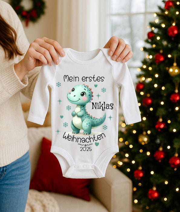 Mein erstes Weihnachten Baby-Body Dinosaurier Jungen – personalisiert Weihnachtsoutfit aus Baumwolle (0–18 Monate) Strampler - CreativMade 