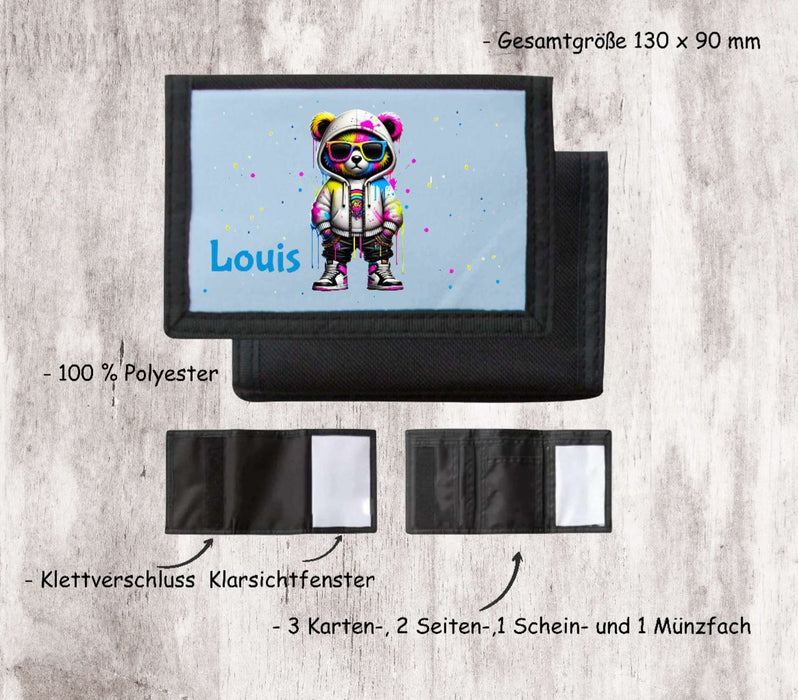 Kinder Geldbeutel personalisiert cooler Bär – Geldbörse mit Namen Klettverschluss Porte­mon­naie - CreativMade