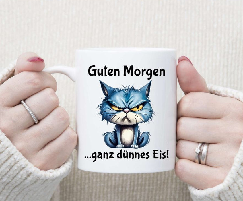 Tasse lustig Guten Morgen ganz dünnes Eis humorvoll personalisiert Spruch Emaillie oder Keramik witzig