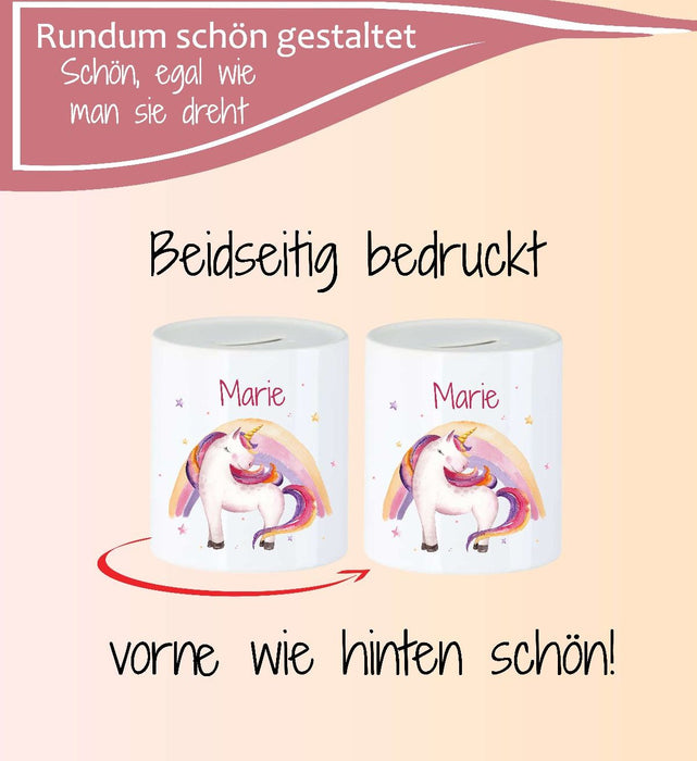 Personalisierte Kinderspardose mit Namen Einhorn Regenbogen - Keramik Spardose zur Einschulung, Geburt oder Taufe - CreativMade