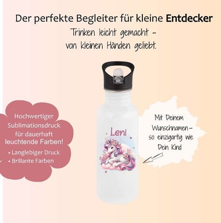 Personalisierte Trinkflasche Kinder Einhorn Mädchen -  Edelstahl Trinkflasche mit Name - Strohhalm Geschenk Einschulung Geburtstag - CreativMade 