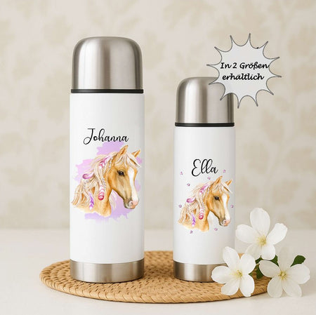 Thermoskanne personalisiert mit Namen Pferd Edelstahl Isolierflasche Thermoflasche Geschenkidee - CreativMade 
