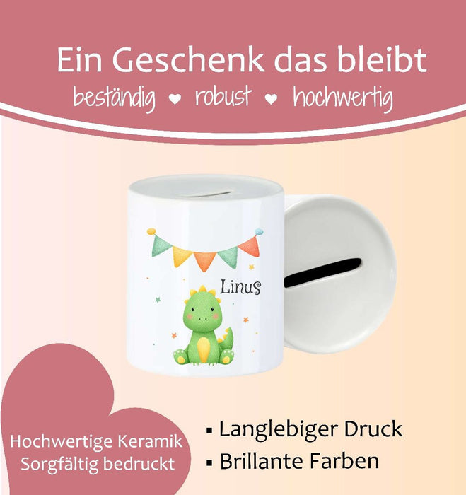 Personalisierte Kinderspardose mit Namen Dinosaurier – Keramik Spardose zur Einschulung, Geburt oder Taufe - CreativMade