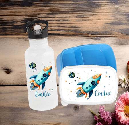 Set Brotdose und Trinkflasche personalisiert mit Namen Rakete Edelstahl 500ml Lunchbox Jungen - CreativMade