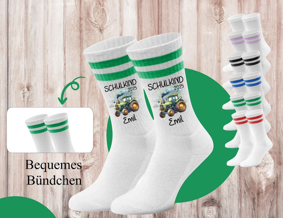 Kindersocken Einschulung Traktor – 100 % Baumwolle Größe 27–36 Unisex - CreativMade