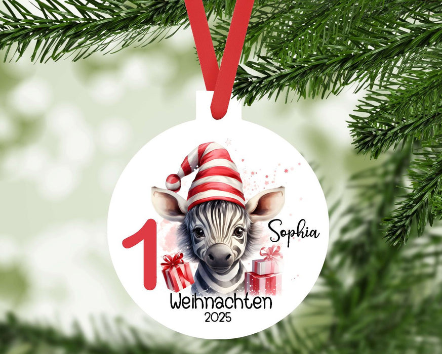 Personalisierter Christbumschmuck & Weihnachtsbaumanhänger Baby Waschbär Zebra – Mein erstes Weihnachten mit Namen aus Aluminium Geschenkidee - CreativMade