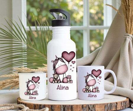 Personalisiertes Kinder Trinkflaschen- & Tassen-Set mit Namen Einhorn – Edelstahl Trinkflasche 500 ml für Schule & Kindergarten - CreativMade