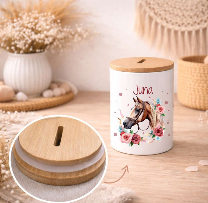 Kinder Spardose mit Name Pferdekopf – Personalisierte Spardose für Kinder Keramik mit Bambusdeckel für Mädchen | CreativMade .