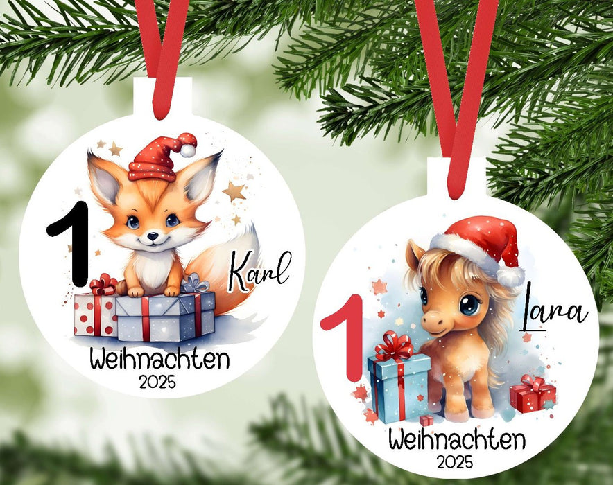 Personalisierter Christbumschmuck & Weihnachtsbaumanhänger Baby Waschbär Zebra – Mein erstes Weihnachten mit Namen aus Aluminium Geschenkidee - CreativMade