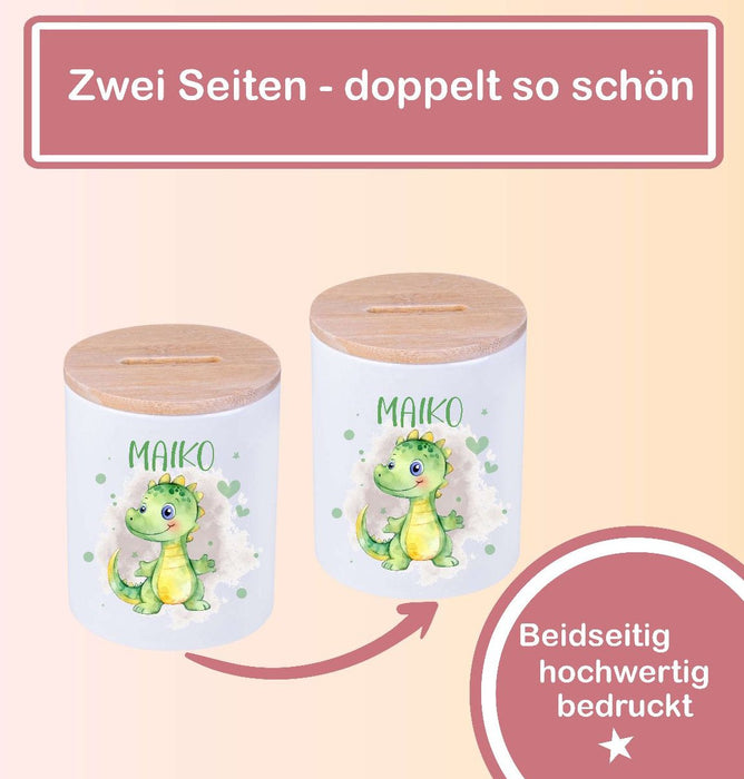 Kinder Spardose mit Name Drache grün  – Personalisierte Spardose für Kinder Keramik mit Bambusdeckel für Jungen | CreativMade .