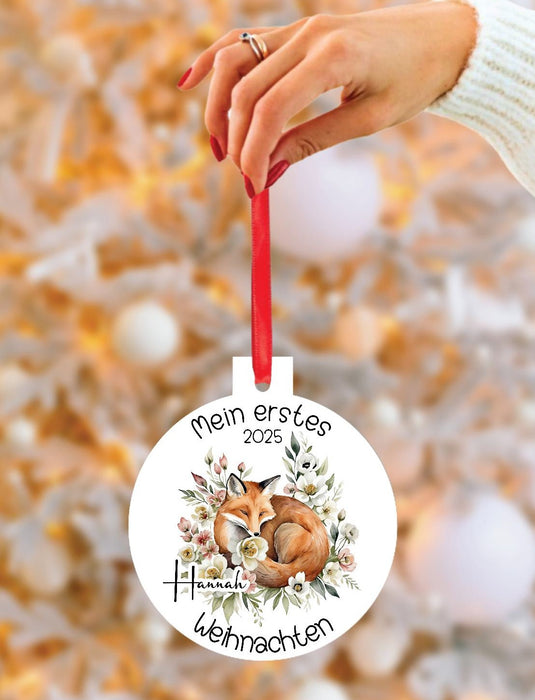 Personalisierter Christbumschmuck & Weihnachtsbaumanhänger Baby Fuchs – Mein erstes Weihnachten mit Namen aus Aluminium Geschenkidee - CreativMade 