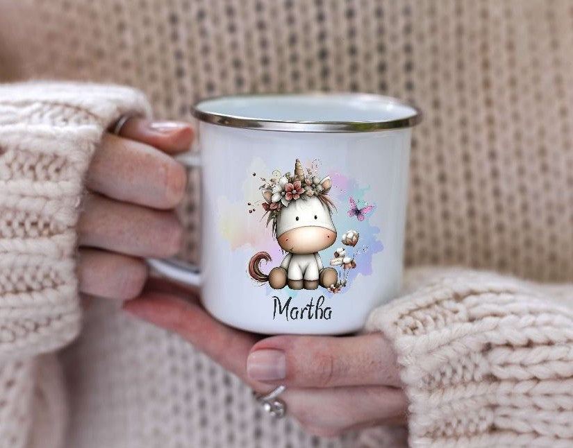 Kindertasse personalisiert mit Namen Einhorn Mädchen Emaille Keramik Kunststoff Geschenk - CreativMade 