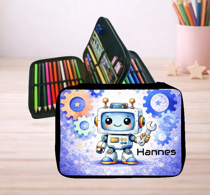 Personalisiertes Federmäppchen mit Name Roboter Jungen Geschenk Einschulung Federmappe Federpenal - CreativMade