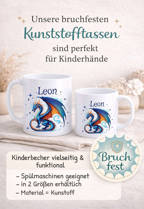 Kindertasse personalisiert mit Namen | Drache Jungen | Kunststoffbecher für Kindergarten, Kita & Schule