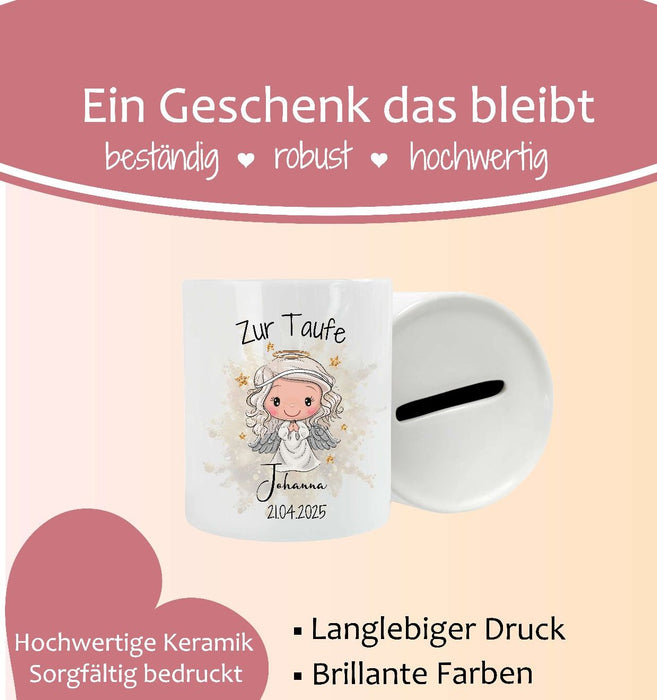 Personalisierte Taufspardose aus Keramik – Engel Mädchen - Spardose zur Taufe mit Namen - CreativMade