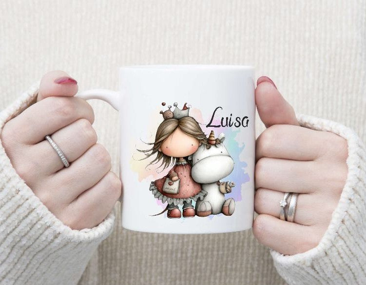 Kindertasse personalisiert mit Namen Einhorn Mädchen Emaille Keramik Kunststoff Geschenk - CreativMade 