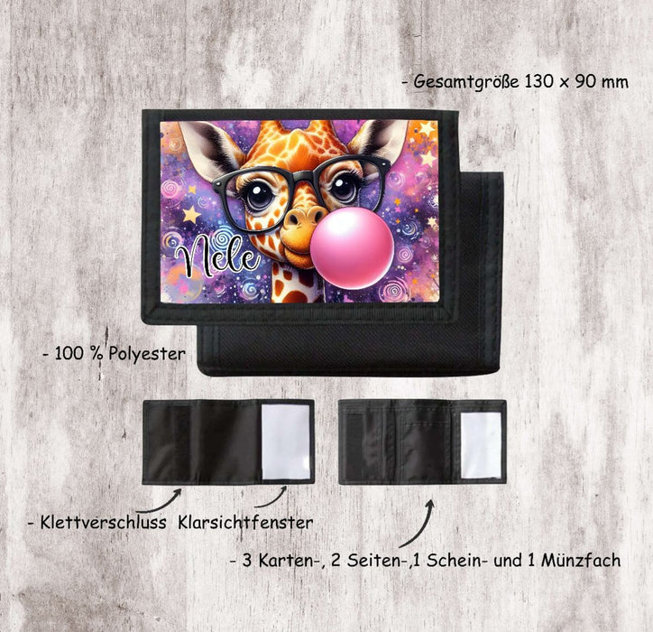 Kinder Geldbeutel personalisiert Giraffe – Geldbörse mit Namen Klettverschluss Porte­mon­naie - CreativMade