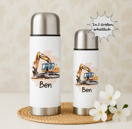 Personalisierte Thermoskanne Bagger aus Edelstahl für Kinder mit Namen, für Schule &  Kindergarten - CreativMade 