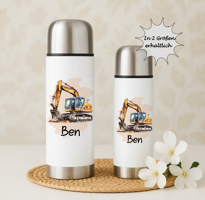 Personalisierte Thermoskanne Bagger aus Edelstahl für Kinder mit Namen, für Schule &  Kindergarten - CreativMade 
