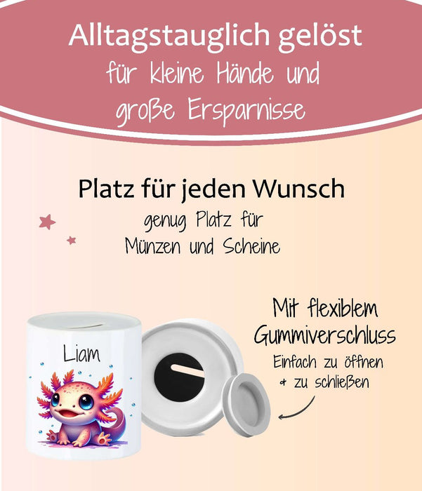 Personalisierte Kinderspardose mit Namen Axolotl - Keramik Spardose zur Einschulung, Geburt oder Taufe - CreativMade