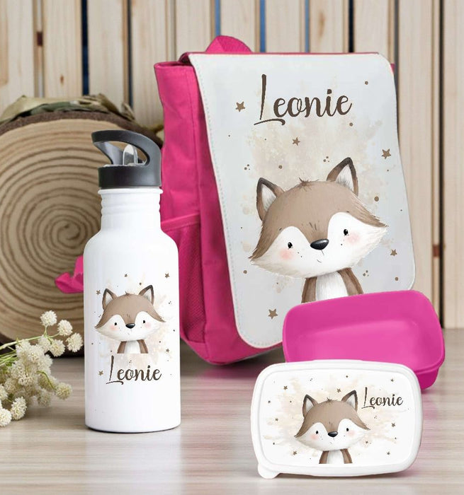 Kindergarten Set personalisiert Fuchs – Rucksack, Trinkflasche & Brotdose mit Namen Kitakind - CreativMade 