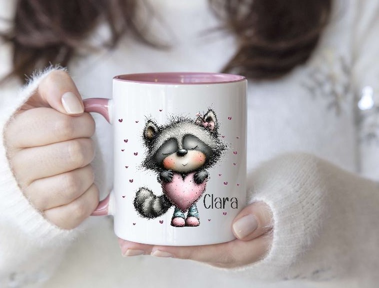 Kindertasse personalisiert mit Namen Waschbär Mädchen Emaille Keramik Kunststoff Geschenk - CreativMade 