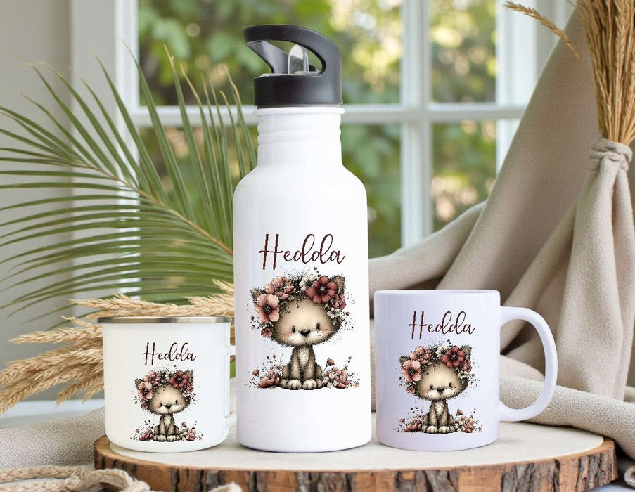 Personalisiertes Kinder Trinkflaschen- & Tassen-Set mit Namen Katze – Edelstahl Trinkflasche 500 ml für Schule & Kindergarten - CreativMade