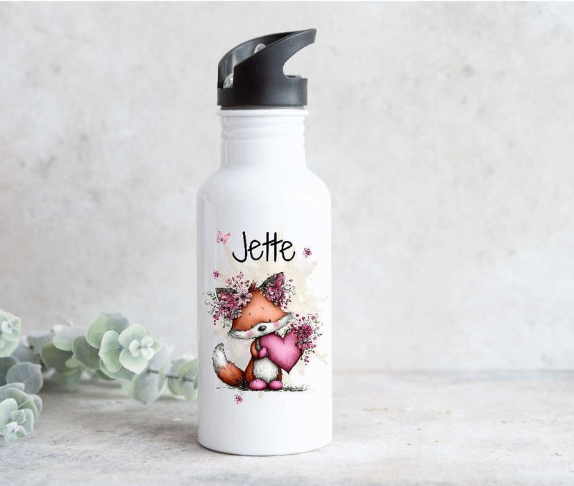 Personalisierte Trinkflasche Kinder Fuchs -  Edelstahl Trinkflasche mit Name - Strohhalm Geschenk Einschulung Geburtstag - CreativMade 