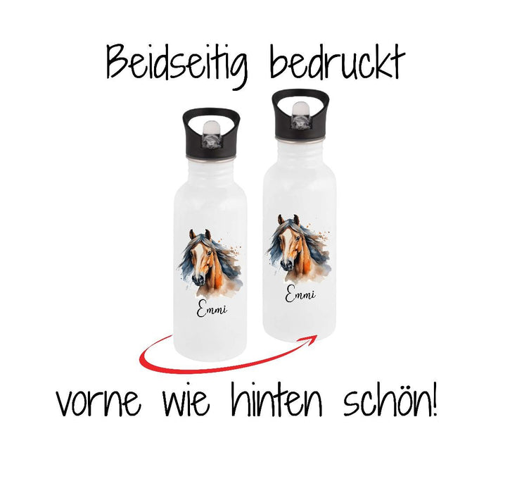 Personalisierte Trinkflasche Kinder Pferd -  Edelstahl Trinkflasche mit Name - Strohhalm Geschenk Einschulung Geburtstag - CreativMade 