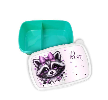 Brotdose Kinder personalisiert Waschbär mit Name Mädchen Einschulung Vesperbox Fächer - CreativMade 