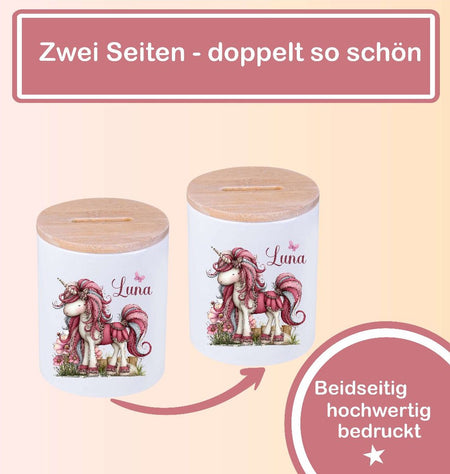 Kinder Spardose mit Name Einhorn – Personalisierte Spardose für Kinder Keramik mit Bambusdeckel für Mädchen - CreativMade