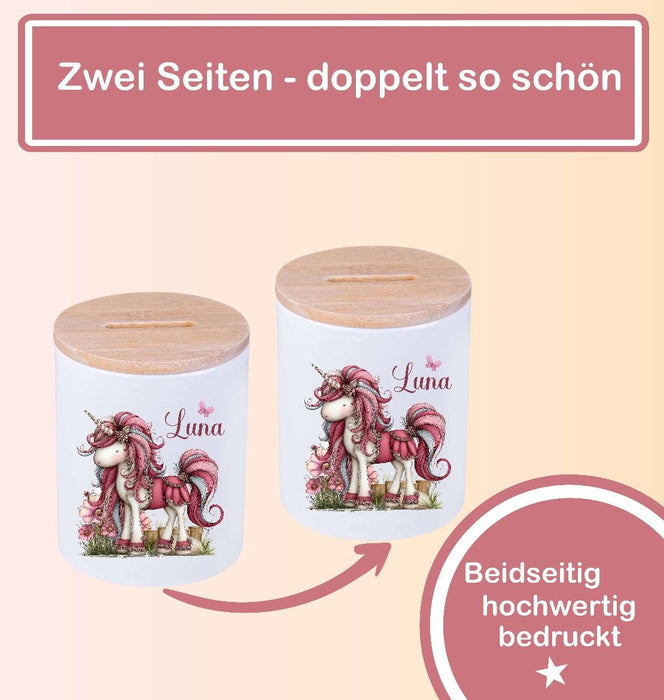 Kinder Spardose mit Name Einhorn – Personalisierte Spardose für Kinder Keramik mit Bambusdeckel für Mädchen