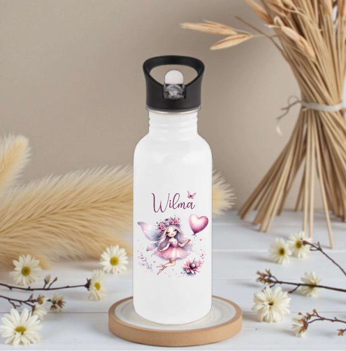 Personalisierte Trinkflasche Kinder Fee-  Edelstahl Trinkflasche mit Name - Strohhalm Geschenk Einschulung Geburtstag - CreativMade 