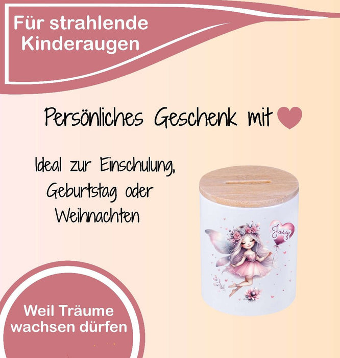 Kinder Spardose mit Name Fee – Personalisierte Spardose für Kinder Keramik mit Bambusdeckel für Mädchen | CreativMade .
