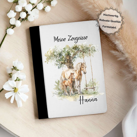 Personalisierte Zeugnismappe mit Namen Pferd – Mappe für Schulzeugnisse A4 | Geschenk zur Einschulung Mädchen - CreativMade 