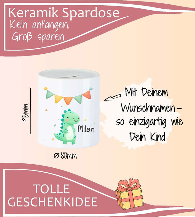Personalisierte Kinderspardose mit Namen Dinosaurier – Keramik Spardose zur Einschulung, Geburt oder Taufe - CreativMade