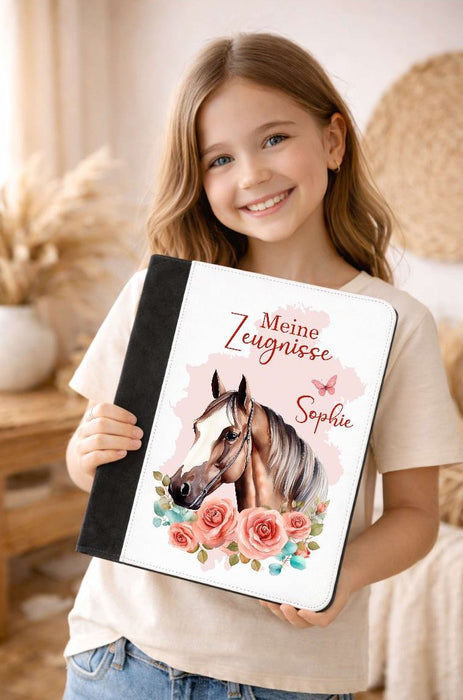 Personalisierte Zeugnismappe mit Namen Pferd – Mappe für Schulzeugnisse A4 | Geschenk zur Einschulung Mädchen - CreativMade