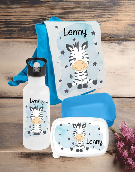 Set Brotdose Trinkflasche und Rucksack personalisiert mit Namen Zebra Kinder Edelstahl Flasche Kita Kindergarten Kinderrucksack - CreativMade