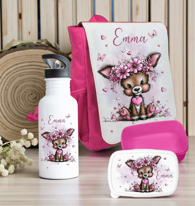 Kindergarten Set personalisiert Reh – Rucksack, Trinkflasche & Brotdose mit Namen Kitakind - CreativMade 