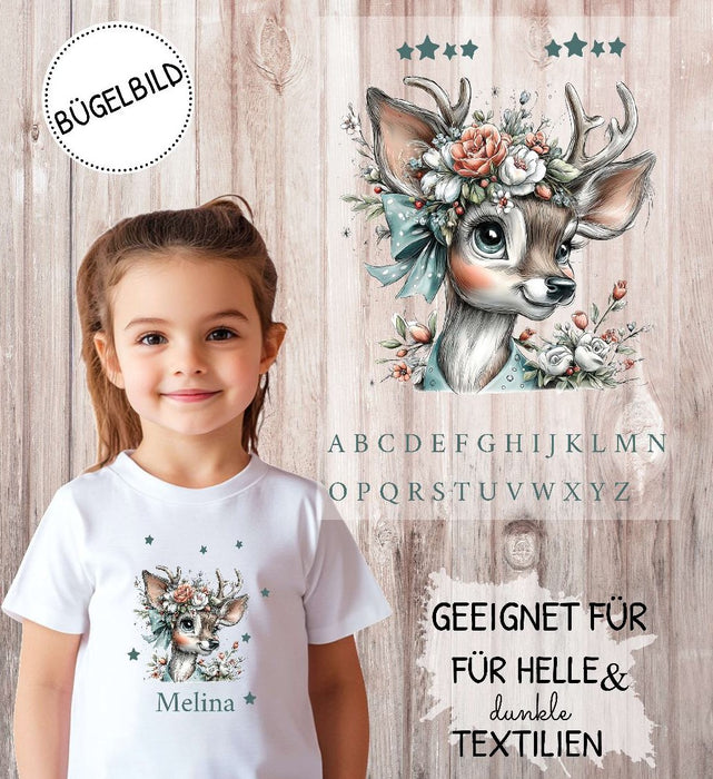 Bügelbild Kinder Reh Hirsch Weihnachten Textilaufbügler DIY Projekt Applikation hochwertiger DTF Ausdruck XL - CreativMade 