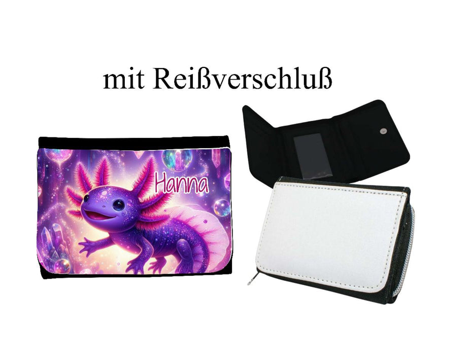 Kinder Geldbeutel personalisiert Axolotl – Geldbörse mit Namen Klettverschluss oder Reißverschluss Porte­mon­naie - CreativMade