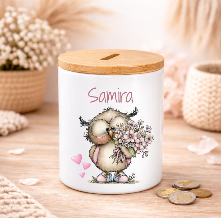 Kinder Spardose mit Name Tier-Motiv – Personalisierte Spardose für Kinder Keramik mit Bambusdeckel