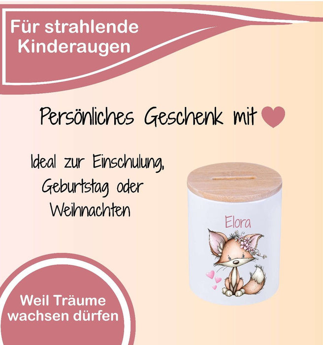 Kinder Spardose mit Name Tier-Motiv – Personalisierte Spardose für Kinder Keramik mit Bambusdeckel