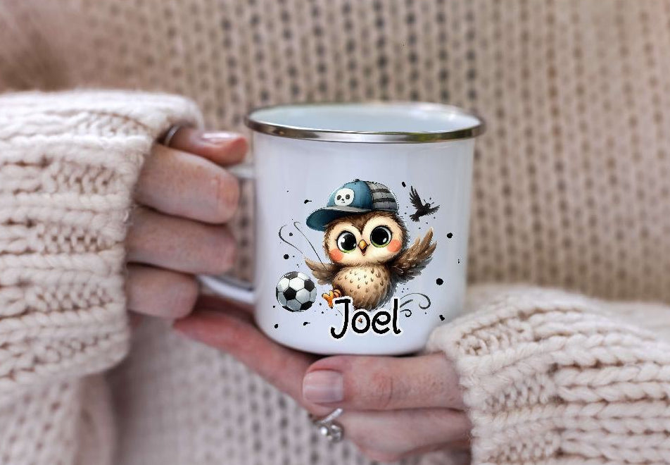 Kinder Tischset personalisiert mit Namen Fußball Eule Jungen - abwischbar und rutschfest Platzdeckchen Platzset Tischunterlage - personalisierte Tasse Emaille oder Keramik - CreativMade 
