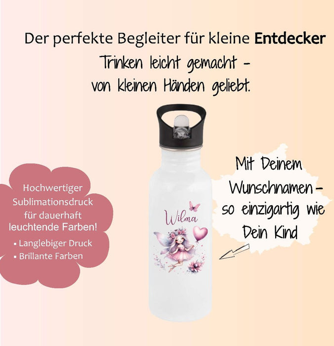 Personalisierte Trinkflasche Kinder Fee-  Edelstahl Trinkflasche mit Name - Strohhalm Geschenk Einschulung Geburtstag - CreativMade 