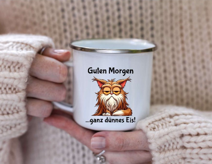 Tasse lustig Guten Morgen ganz dünnes Eis humorvoll personalisiert Spruch Emaillie oder Keramik witzig