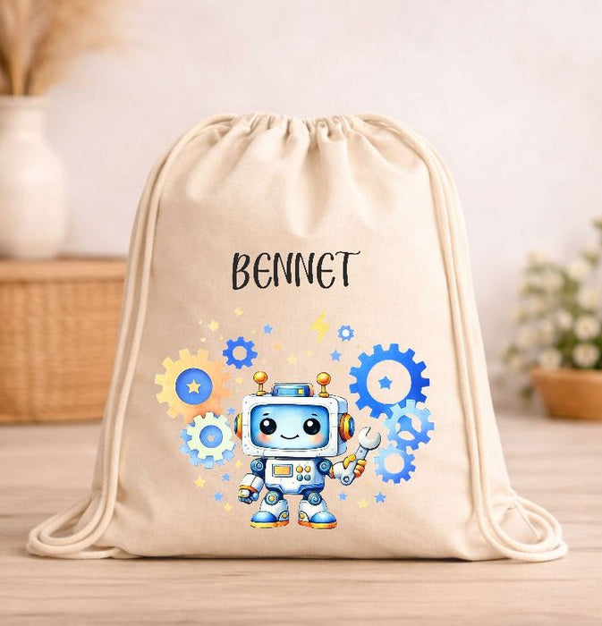 Kinder Turnbeutel mit Namen personalisiert – Roboter Sportbeutel für Kindergarten, Schule und Schwimmen - CreativMade