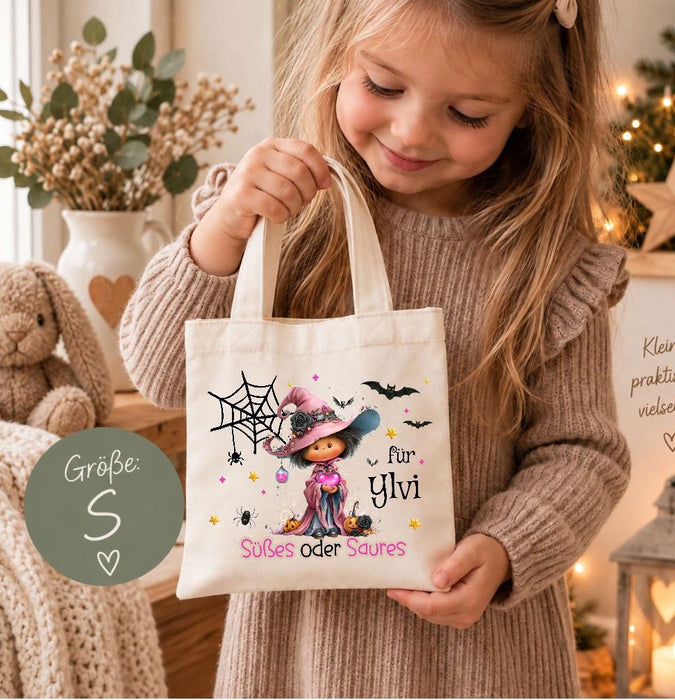 Halloween Beutel personalisiert mit Namen Hexe Mädchen Süßigkeiten Tasche