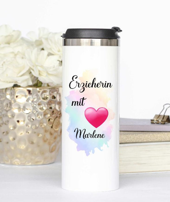 Personalisierter Thermobecher mit Namen Erzieherin mit Herz Trinkbeche– CreativMade